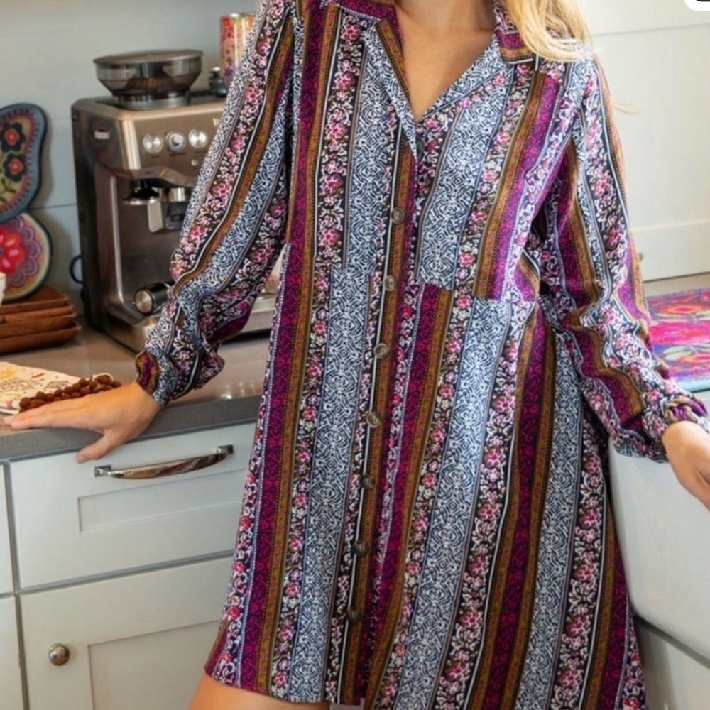 NATURAL LIFE Tunic Shirt Dress Patchwork Boho Floral Ansley Long Sleeve Medium